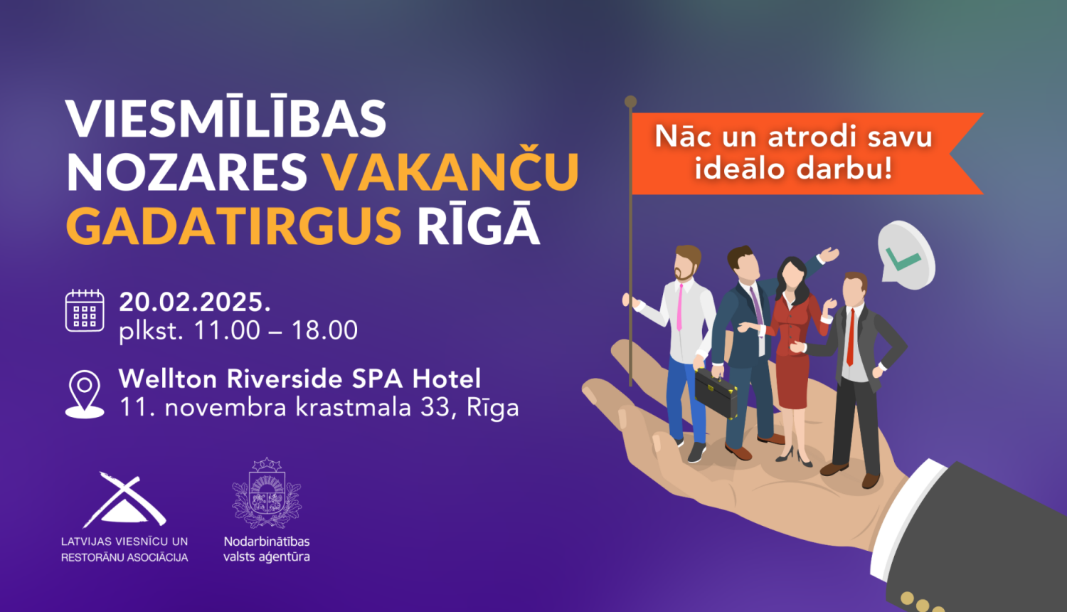 Viesmīlības nozares vakanču gadatirgus Rīgā – 20. februārī, no plkst. 11:00 līdz 18:00, Wellton Riverside SPA Hotel, 11. novembra krastmalā 33.