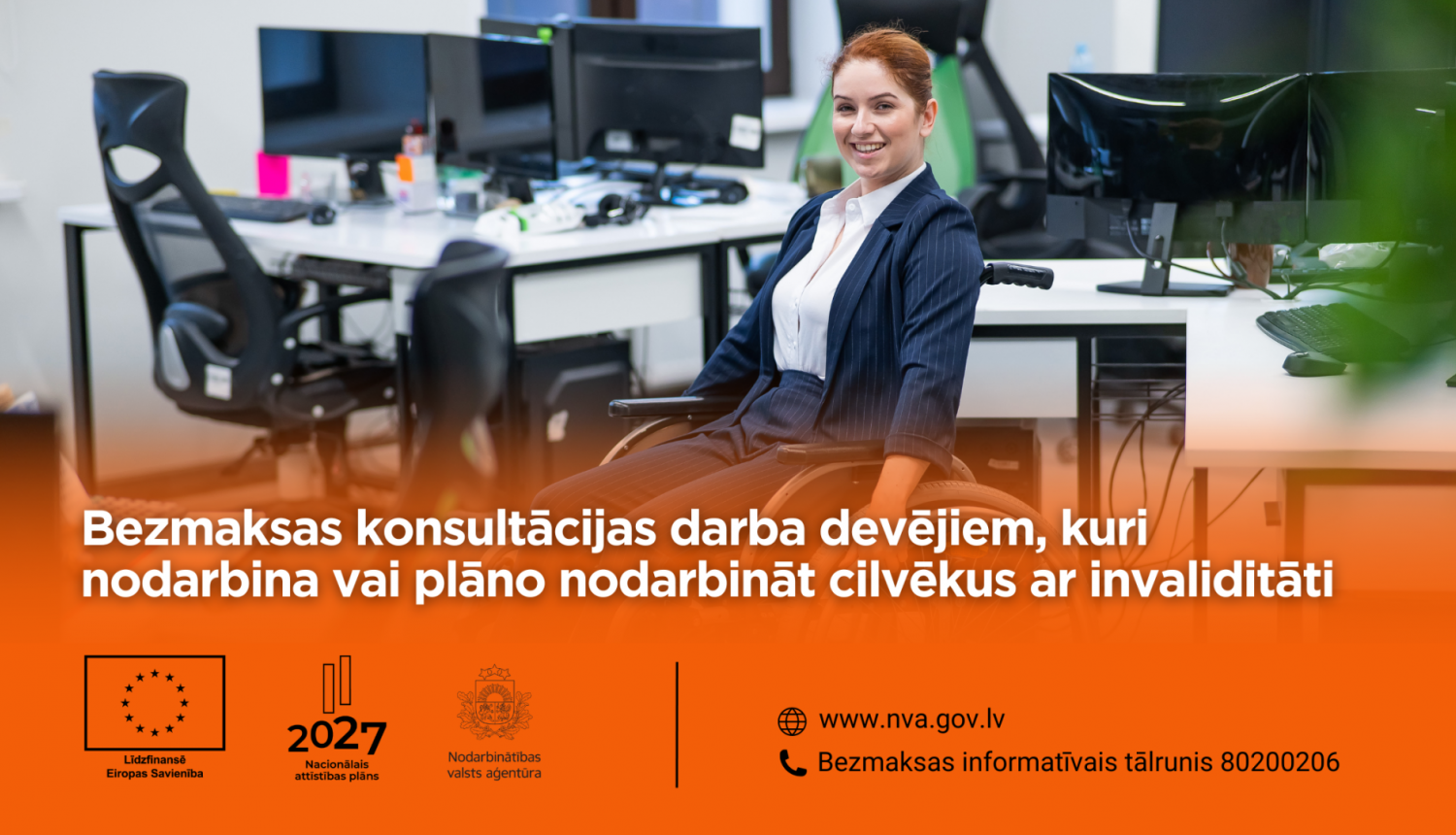 Attēls ir sadalīts divās daļās. Pirmajā daļā  ilustratīvais attēls. Otrajā daļā teksts:Bezmaksas konsultācijas  darba devējiem, kuri nodarbina vai plāno nodarbināt cilvēkus ar invaliditāti. Apraksts zem attēla.